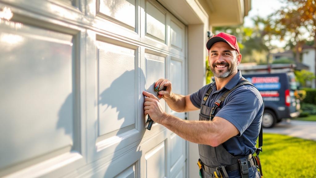 Garage door repair technician servicing a home in Davie, FL